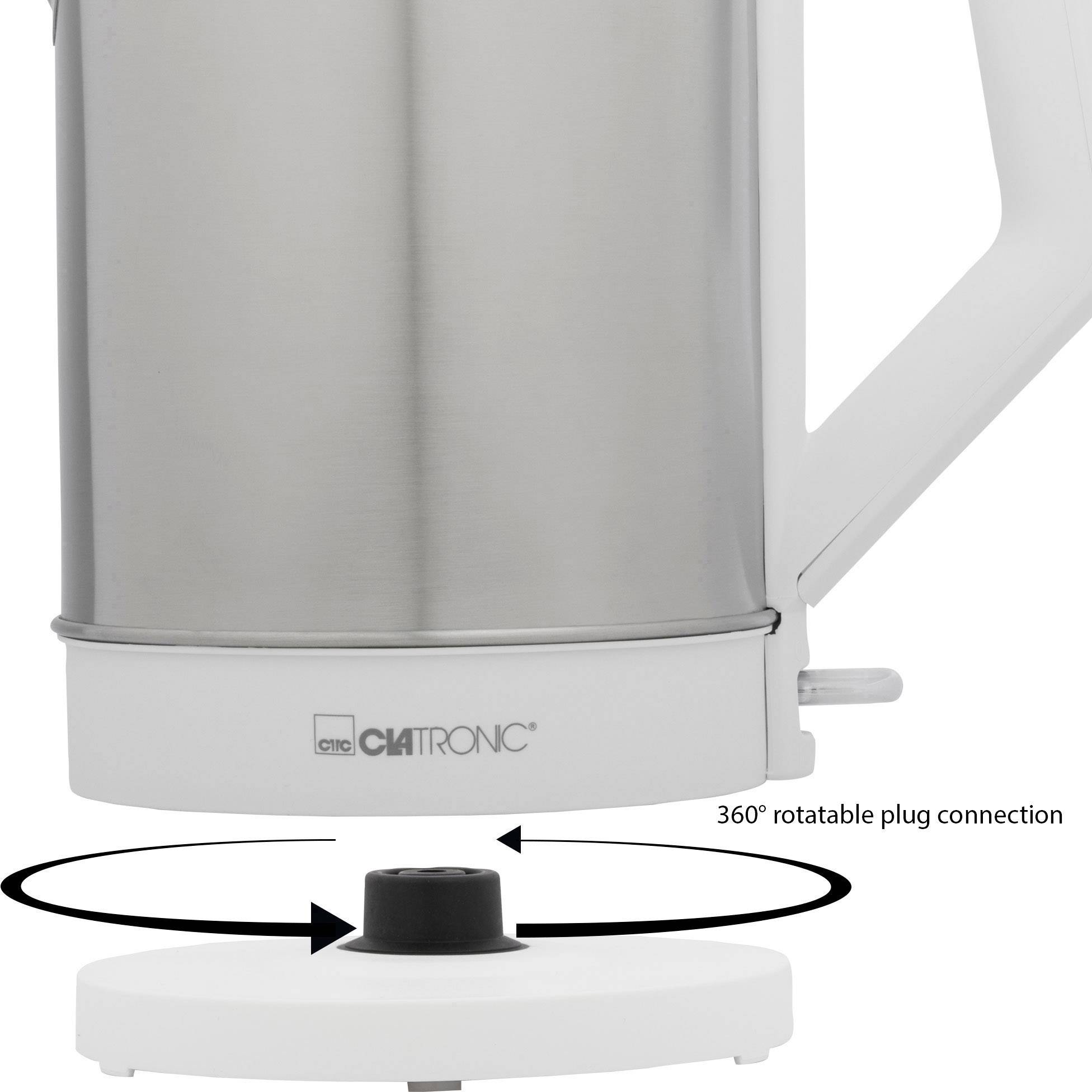Un bollitore elettrico argentato su un piedistallo bianco con connessione ruotabile a 360 gradi.