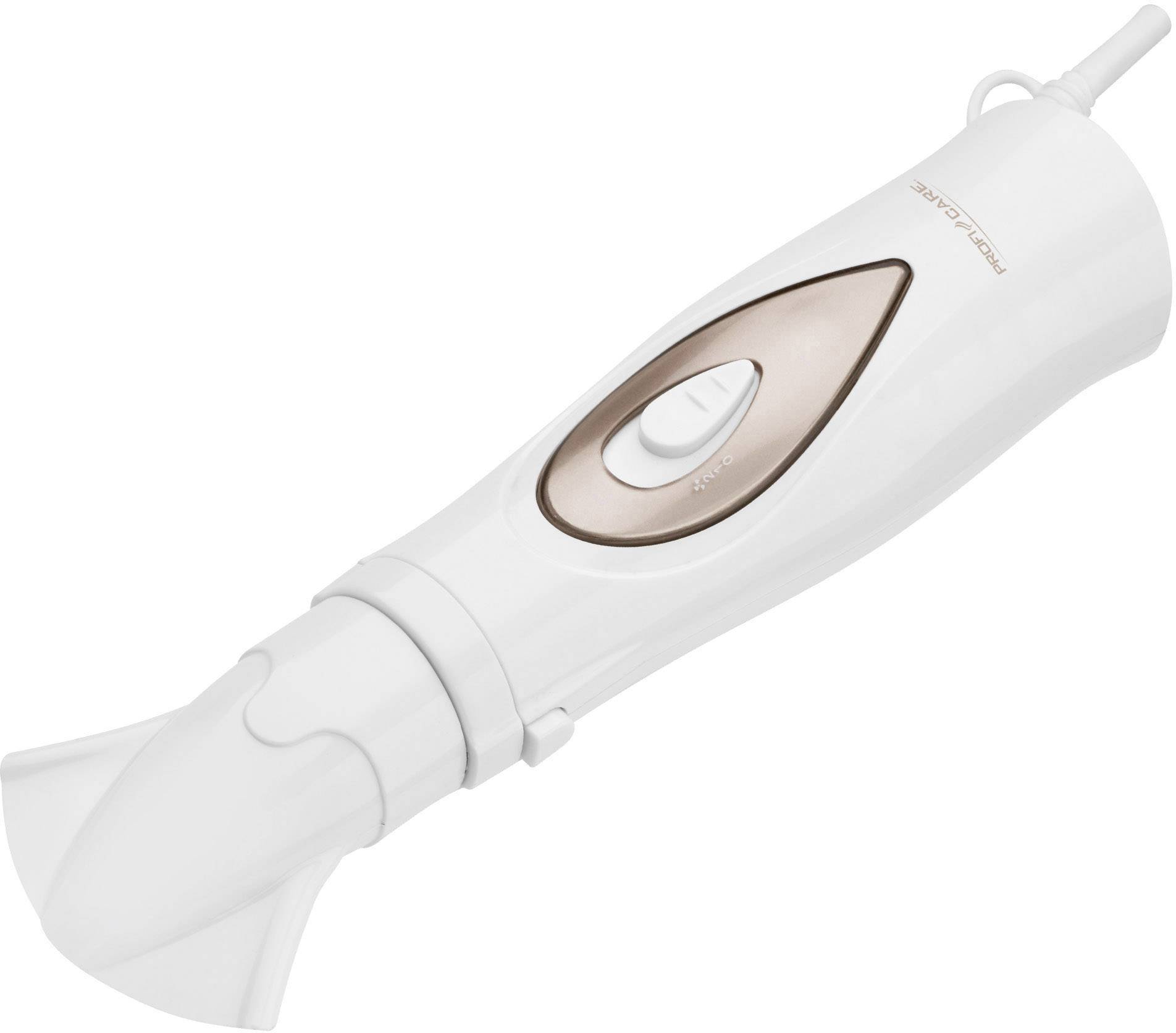 Un asciugacapelli elettrico bianco con accento dorato e un beccuccio per lo styling.