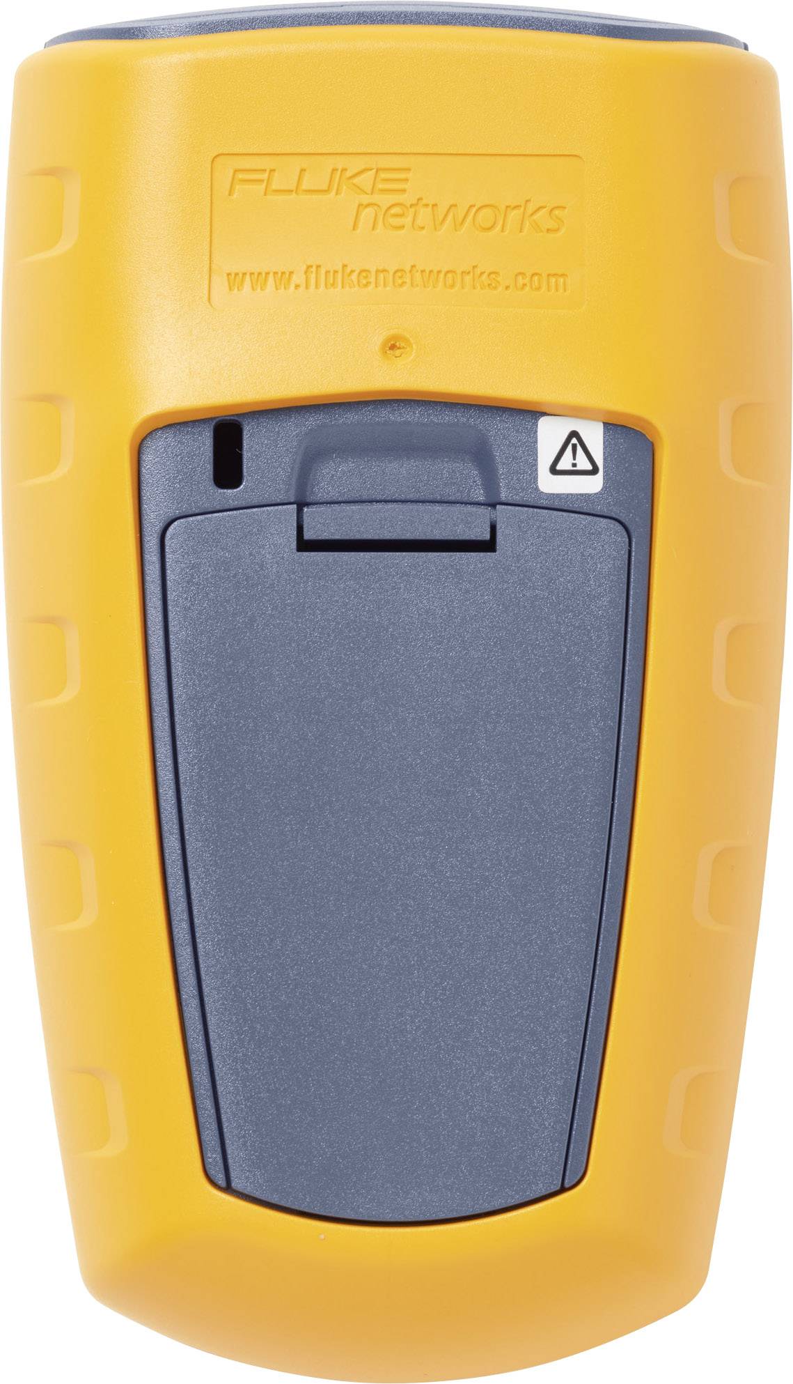 Un dispositivo palmare di test di rete Fluke Networks di colore arancione. Ha un pannello di controllo grigio e un simbolo di avvertenza.