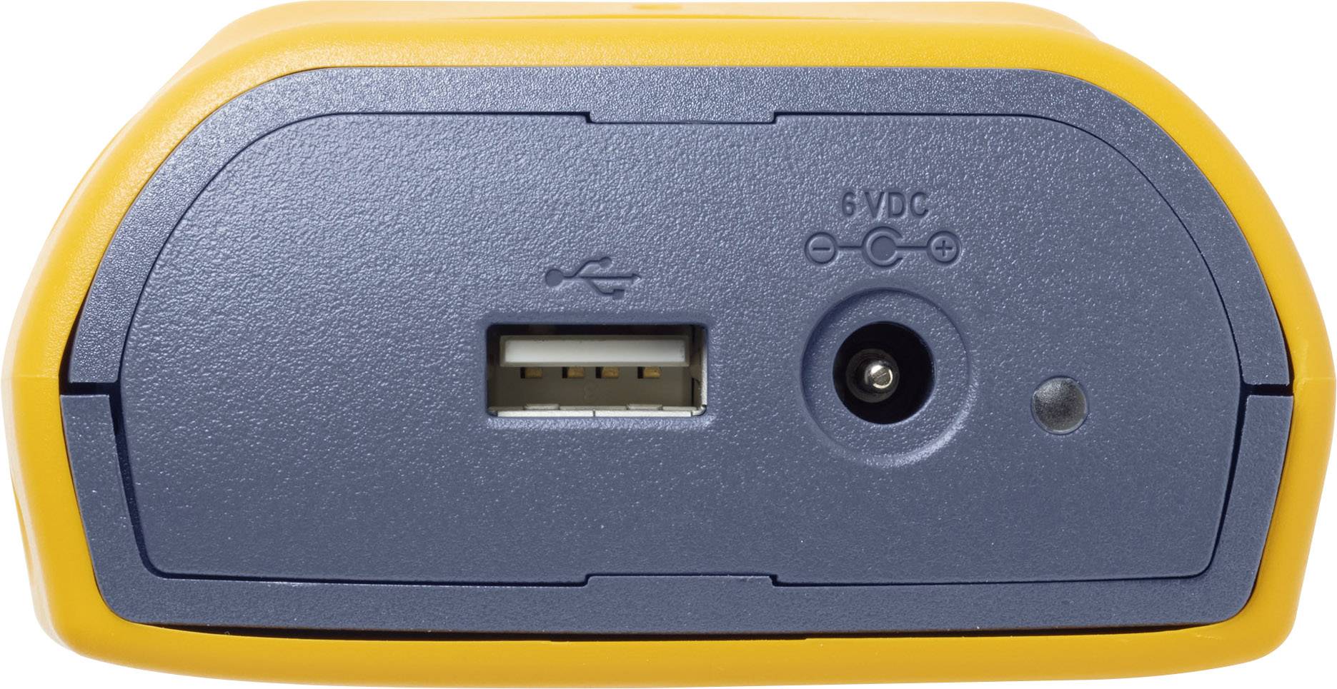 Vista posteriore di un dispositivo giallo con porta USB e connettore di alimentazione DC 6V, idoneo per connessioni digitali e alimentazione elettrica.