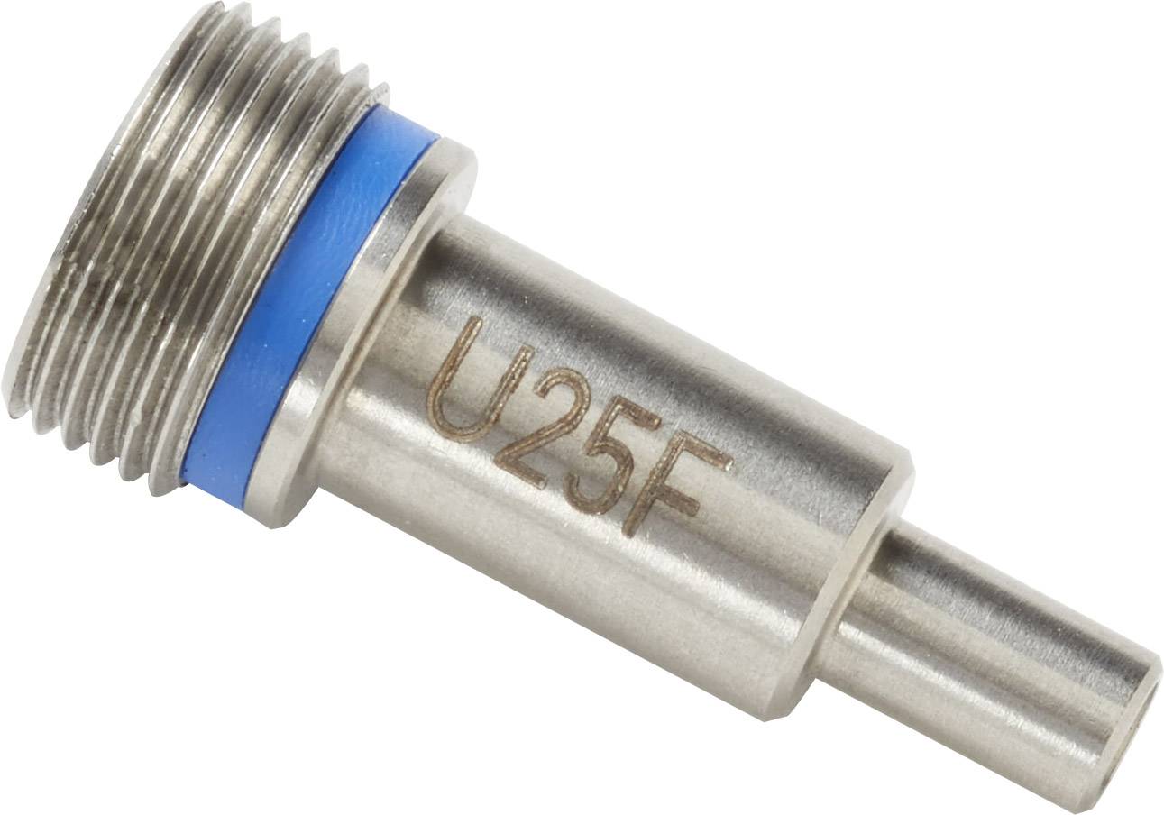 Un adattatore metallico con guarnizione blu e incisione 'U25F' sul lato, probabilmente parte di un'attrezzatura tecnica.