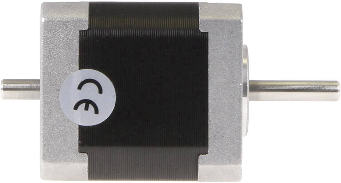 Un piccolo motore passo-passo elettrico in forma quadrata, con involucro nero e argento e certificazione CE.