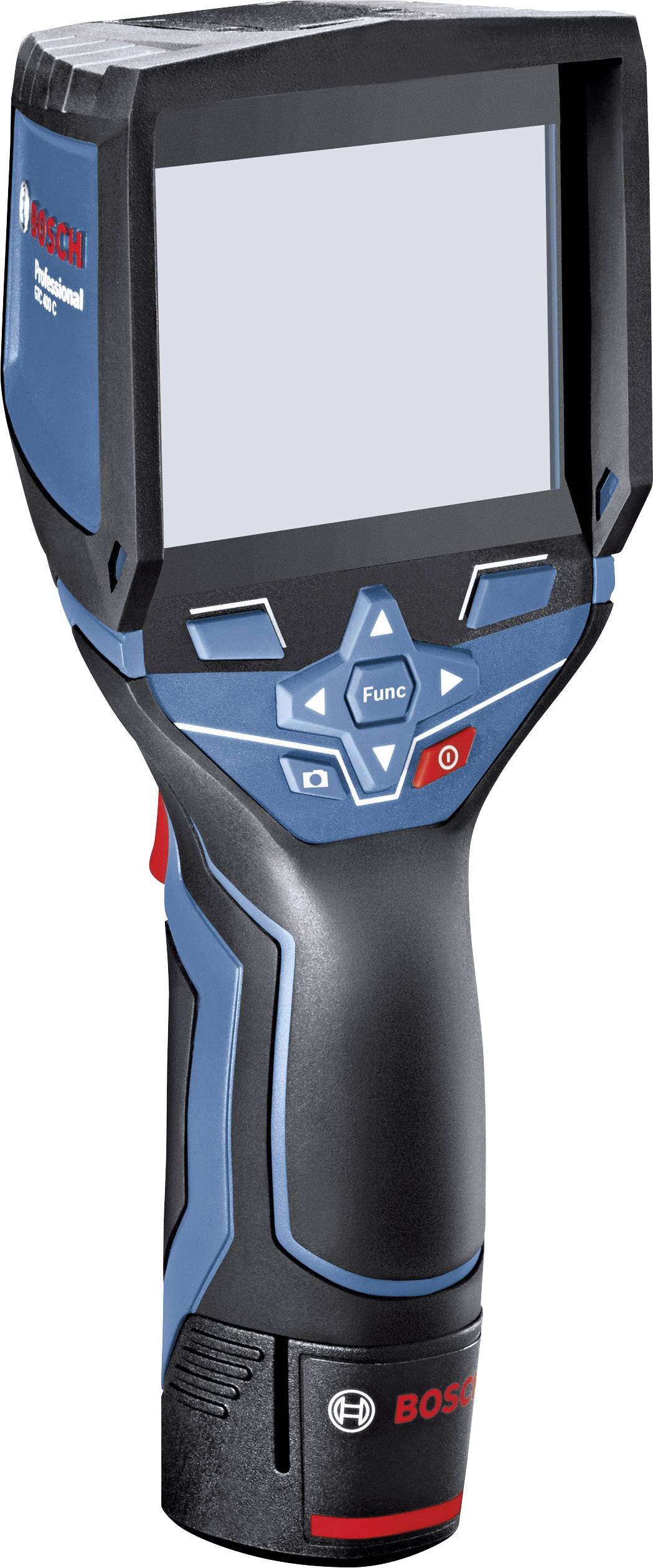 L'immagine mostra uno strumento di misurazione Bosch mantenuto in mano, dotato di schermo e tasti di controllo. Sembra essere utilizzato per verificare o eseguire scansioni.