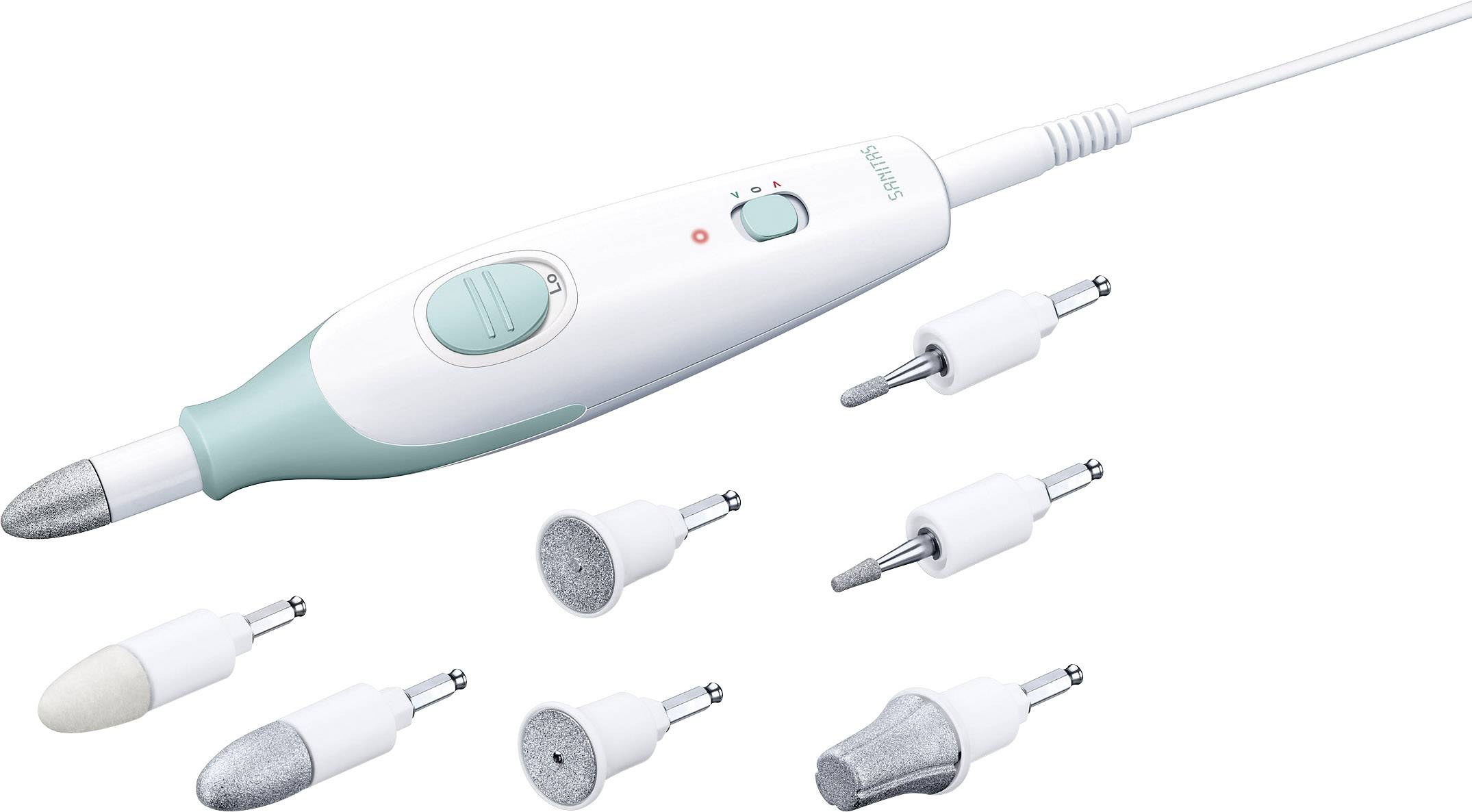 Set per manicure elettrico con impugnatura e sette accessori intercambiabili per la cura delle unghie.