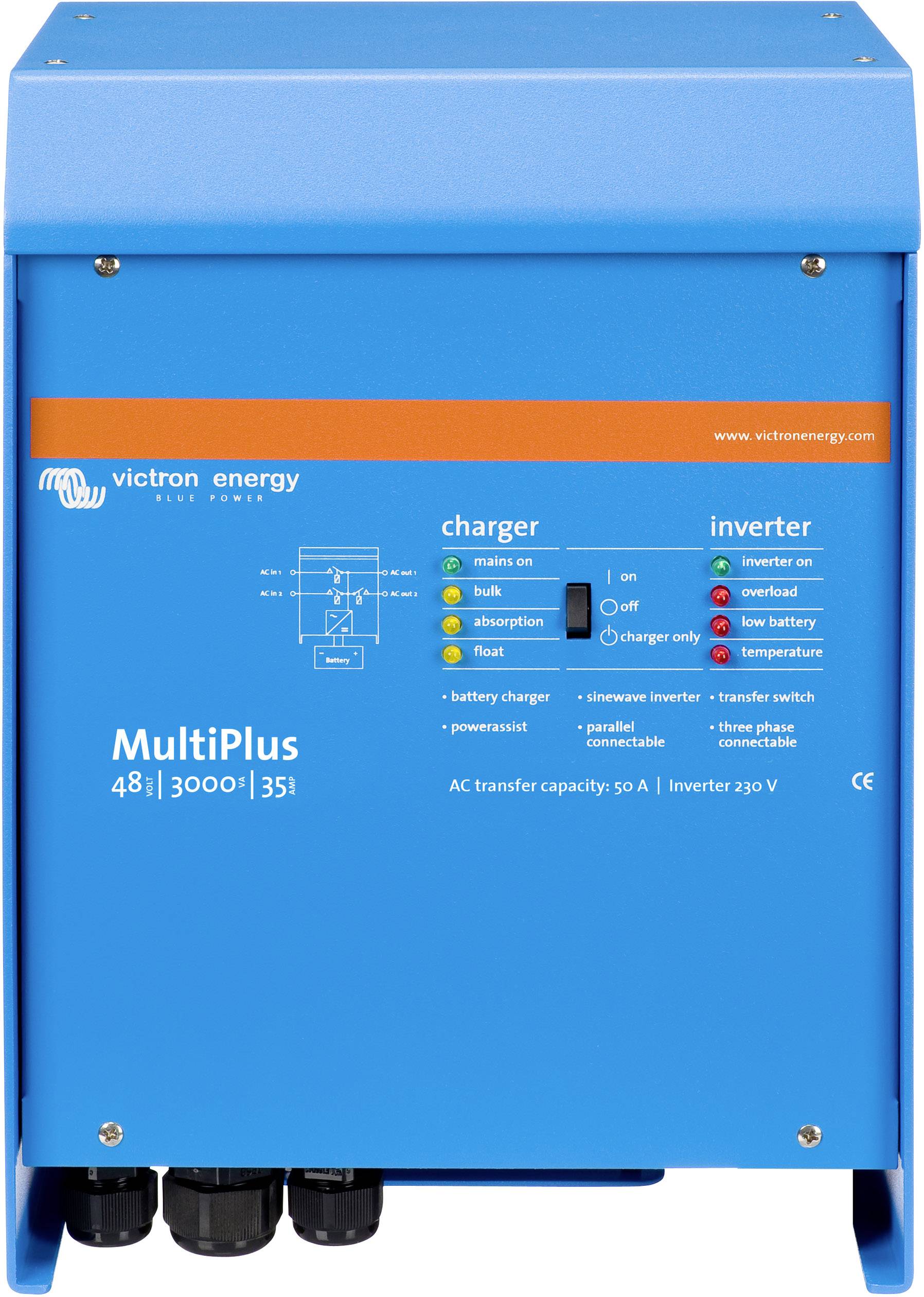 Inverter Victron Energy MultiPlus blu con spie di controllo per funzionamento, stato e indicazione temperatura sul lato frontale.