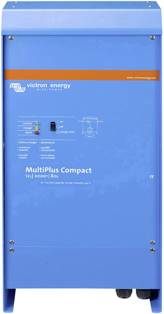 Inverter compatto Victron Energy MultiPlus blu con spie di indicazione e connessioni sul lato frontale.