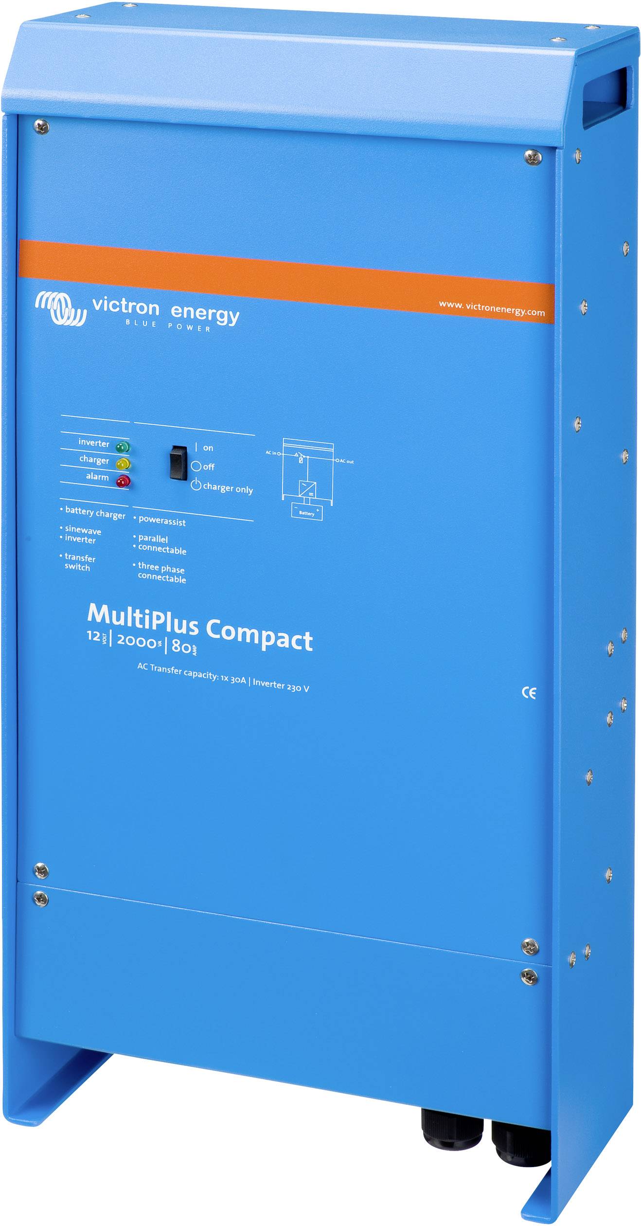 Inverter/caricabatterie blu 'MultiPlus Compact' di Victron Energy, idoneo per sistemi a 12V, con numero di modello e dettagli tecnici visibili.