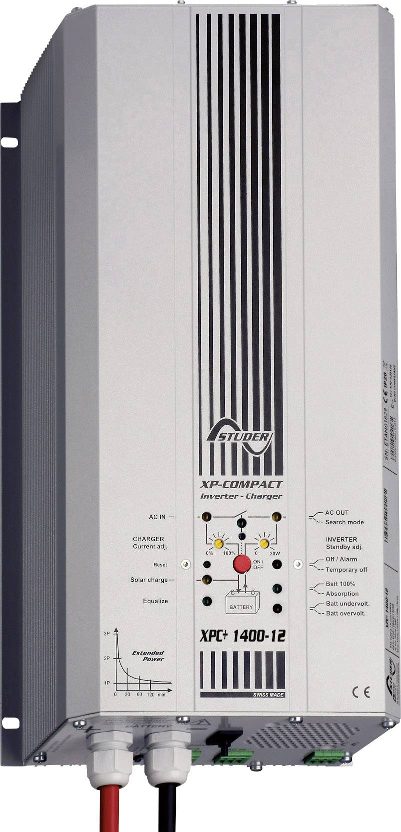 Un caricabatterie grigio con la scritta 'Studer XP-COMPACT'. Ha indicatori LED e cavi di connessione sul bordo inferiore.