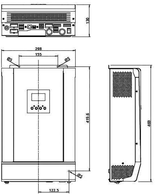 'Disegno tecnico di un dispositivo rettangolare con dimensioni: larghezza 298 mm, altezza 419,6 mm, profondità 122,5 mm, mostra connessioni e dettagli.'