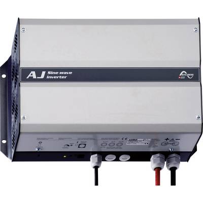 Un inverter a onda sinusoidale grigio con la scritta 'AJ Sine wave inverter', mostra connessioni tecniche e spie di controllo.