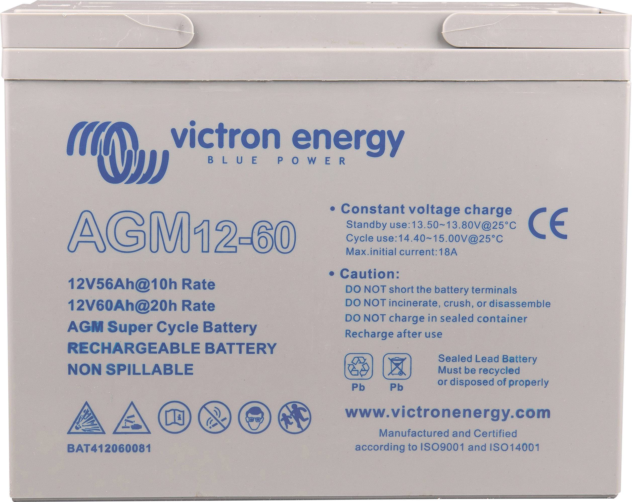 Batterie Victron Energy, modello AGM12-60, 12V 56Ah. Contiene avvertenze per l'uso sicuro e link al sito web.
