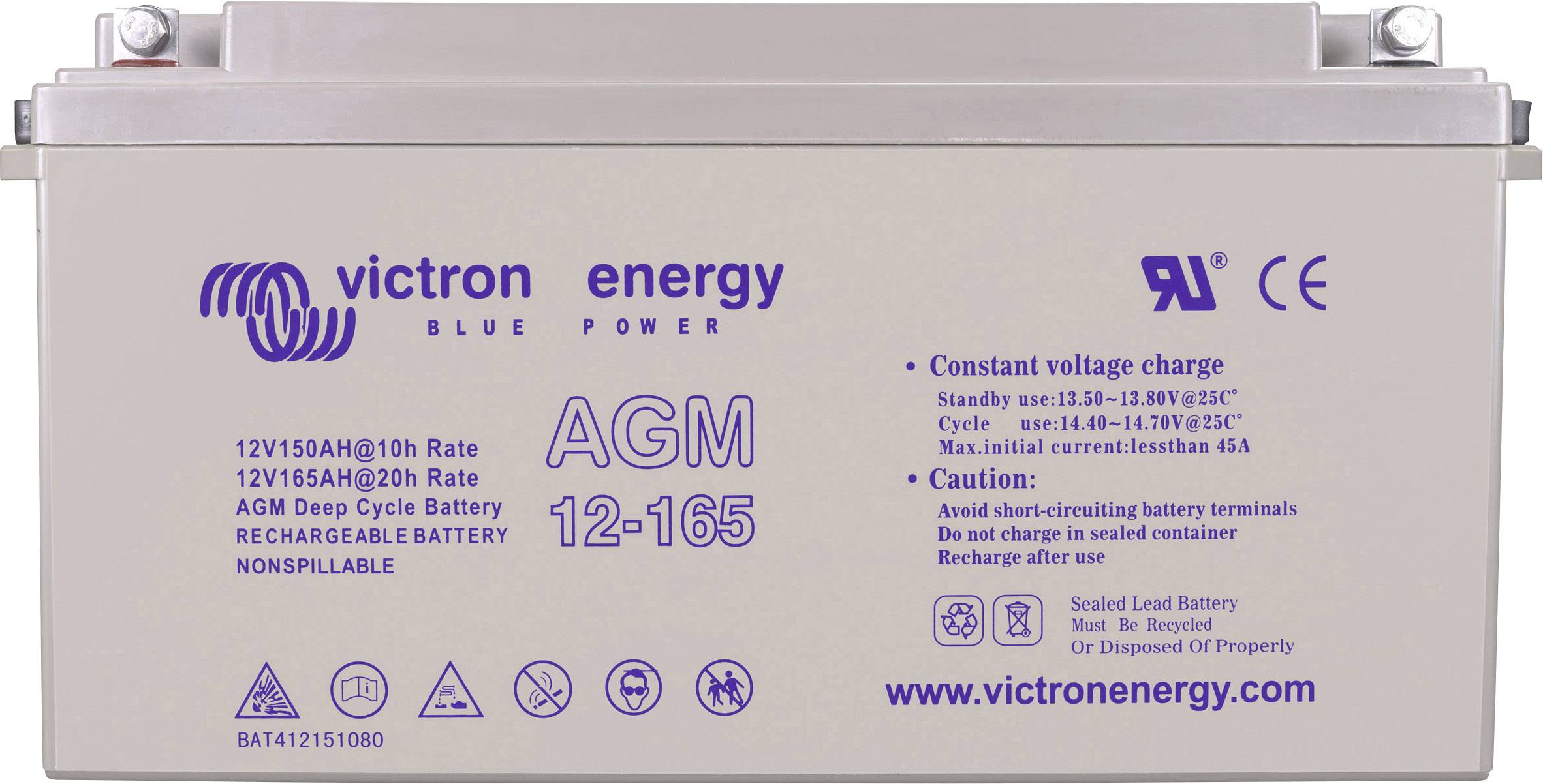 Batterie Victron Energy con scritta 'AGM 12-165'. Specifiche tecniche e avvertenze sul lato anteriore.
