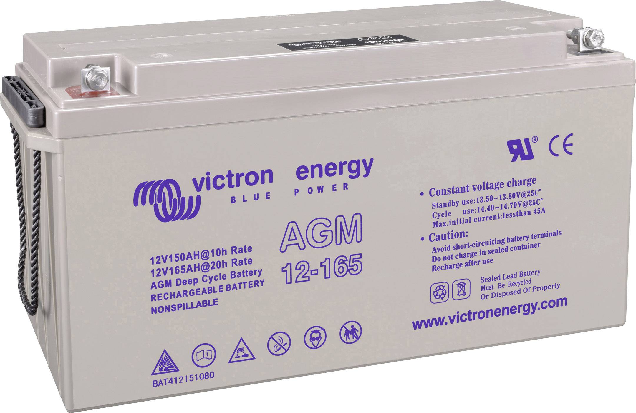 'Batteria AGM grigia Victron Energy, modello 12-165, 12V/150Ah, per scariche profonde. Sigillata e senza manutenzione, certificata CE.'