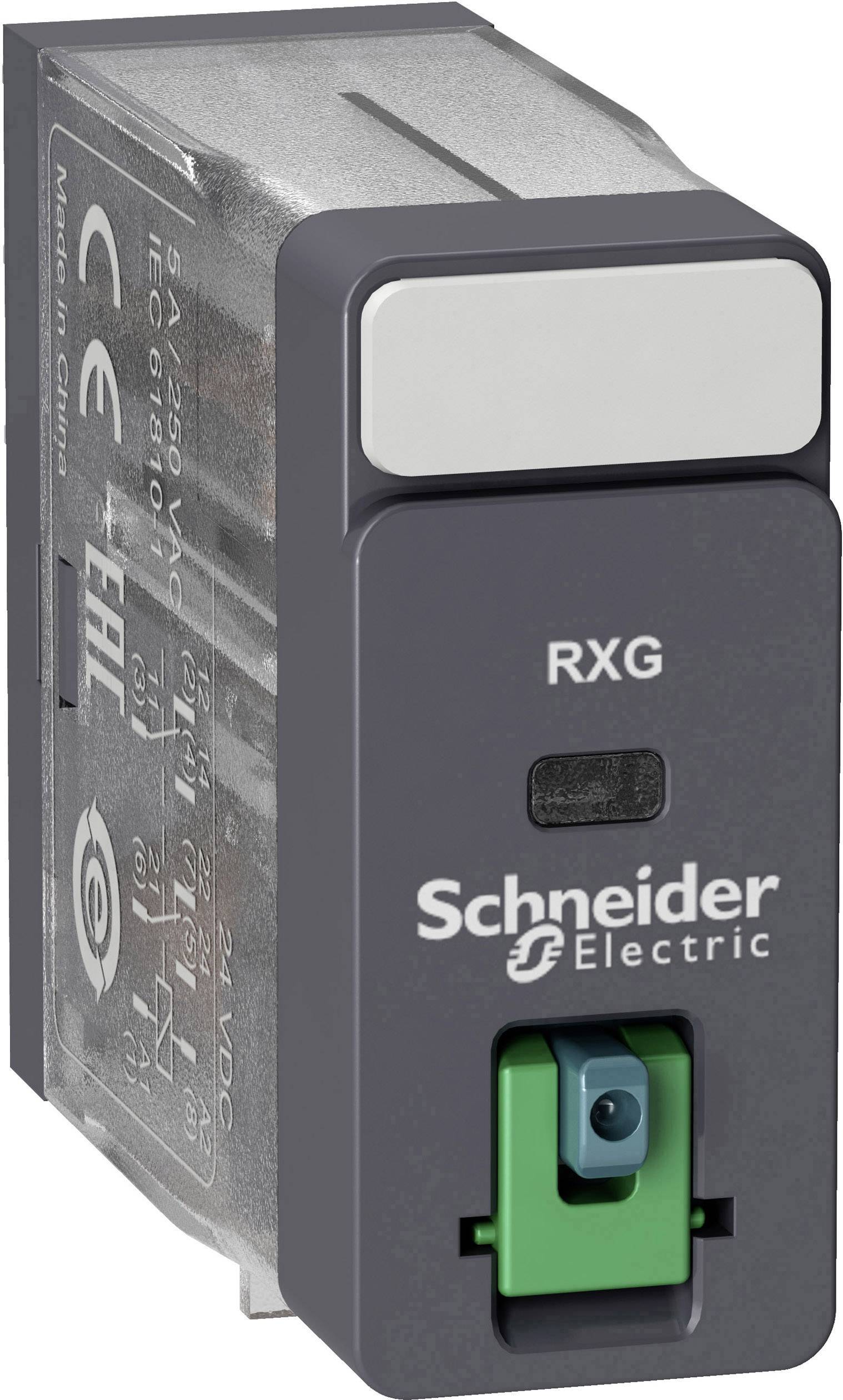 Relè di Schneider Electric con la scritta 'RXG'. Custodia nera con pulsante verde e marchio CE.