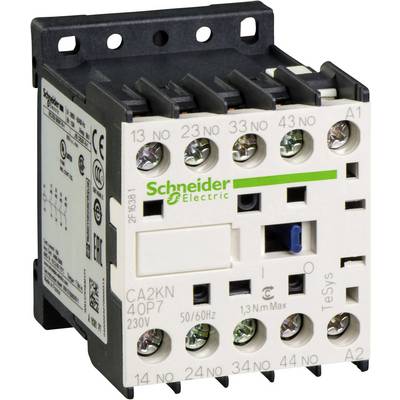 Schütz di Schneider Electric, Modello CA2KN40-P7, 230V, 50/60Hz, coppia massima di 1,3 Nm. Connessioni e dettagli tecnici visibili.