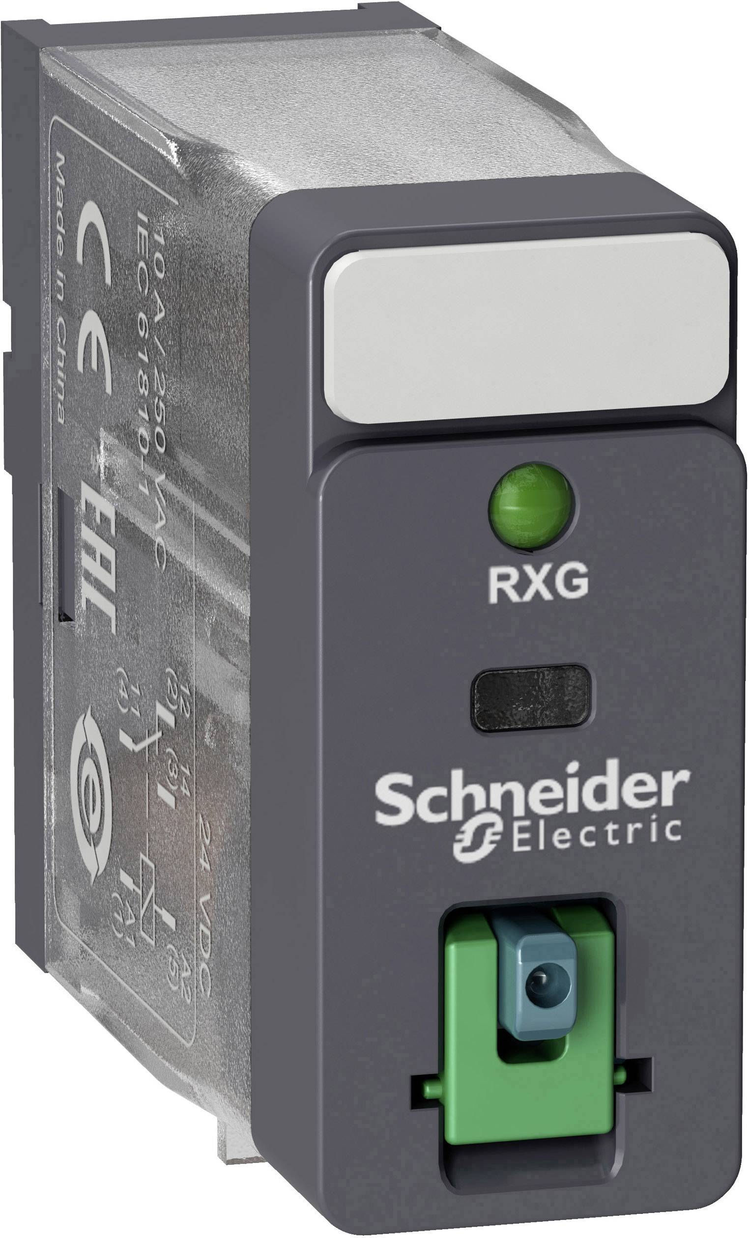 Relè industriale Schneider Electric con etichetta 'RXG'. Componente per il controllo di circuiti elettrici, grigio-verde.