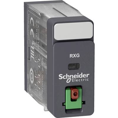 Un relè elettromagnetico Schneider Electric del tipo 'RXG', con custodia grigia e pulsanti verde e rosso.