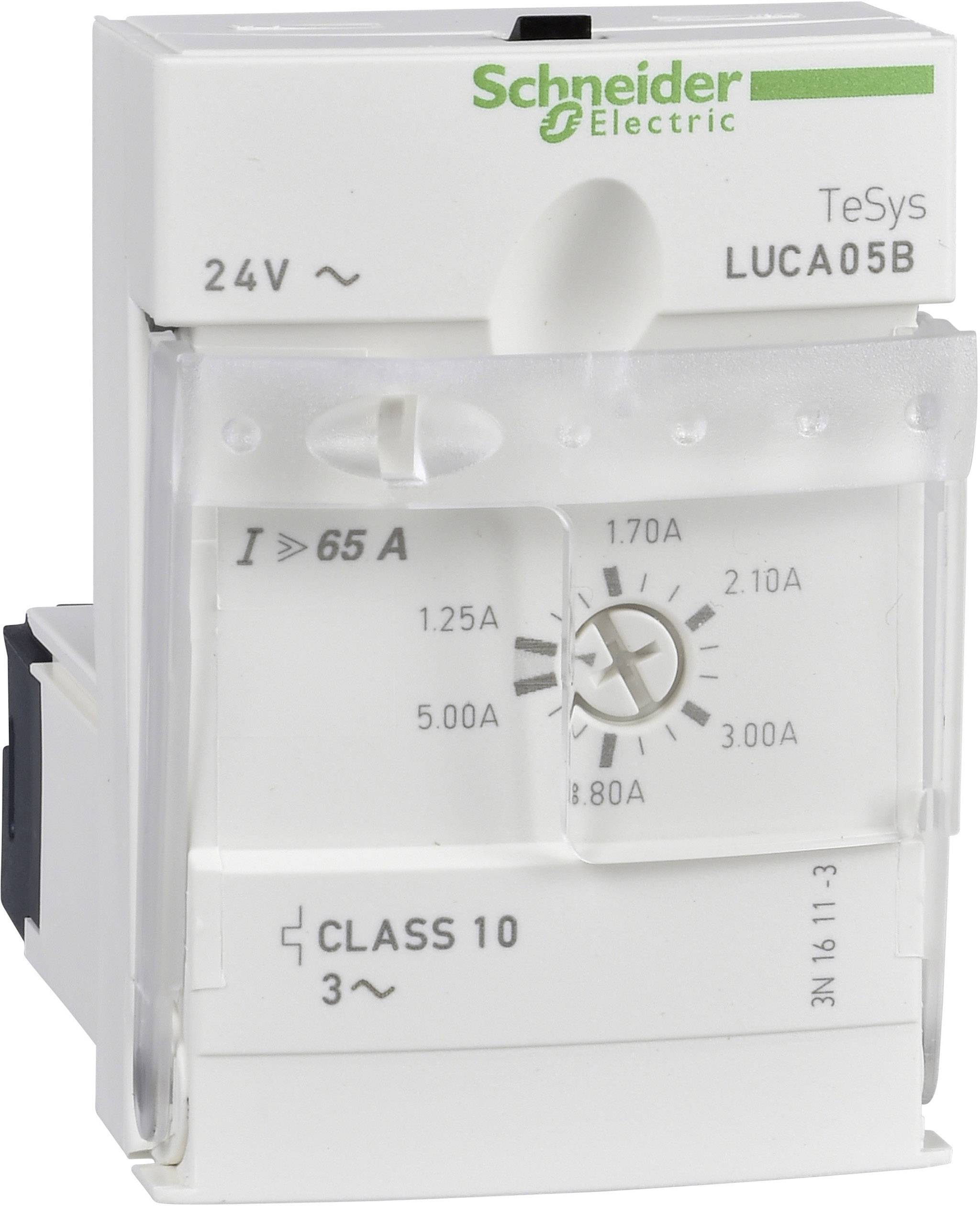 Un interruttore elettrico bianco del marchio Schneider Electric denominato 'TeSys'. È progettato per 24V e oltre 65A.