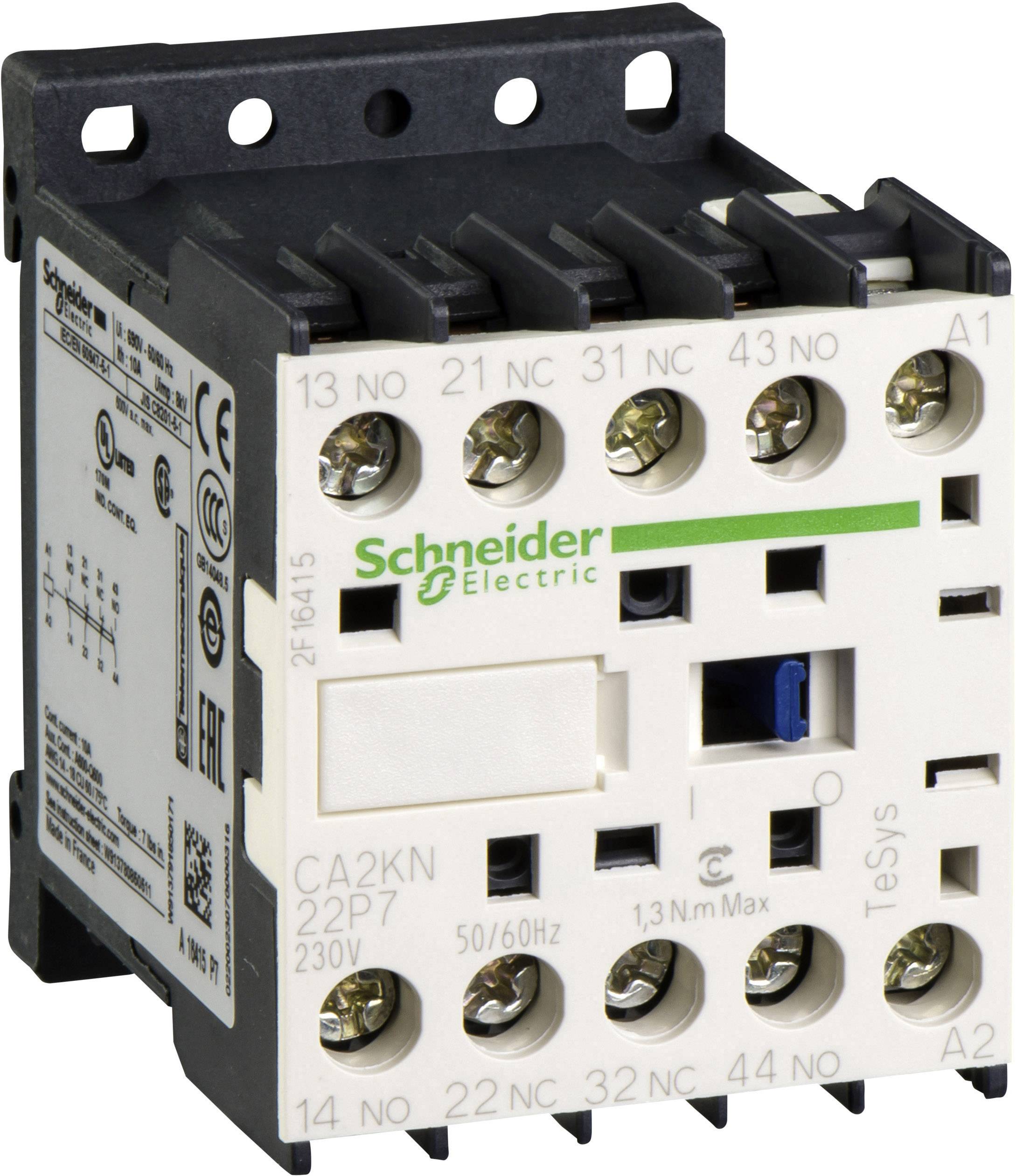 Un contattore elettrico Schneider Electric, modello CA2KN22P7. Specifiche tecniche: 230V, 50/60Hz. Utilizzato in circuiti di controllo.