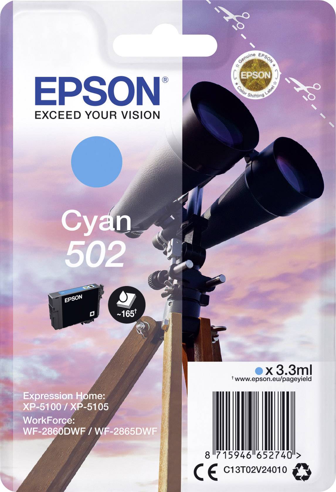 Cartuccia d'inchiostro Epson 502 in Ciano per modelli XP-5100, XP-5105, WF-2860DWF, WF-2865DWF. Capacità: 3,3 ml.