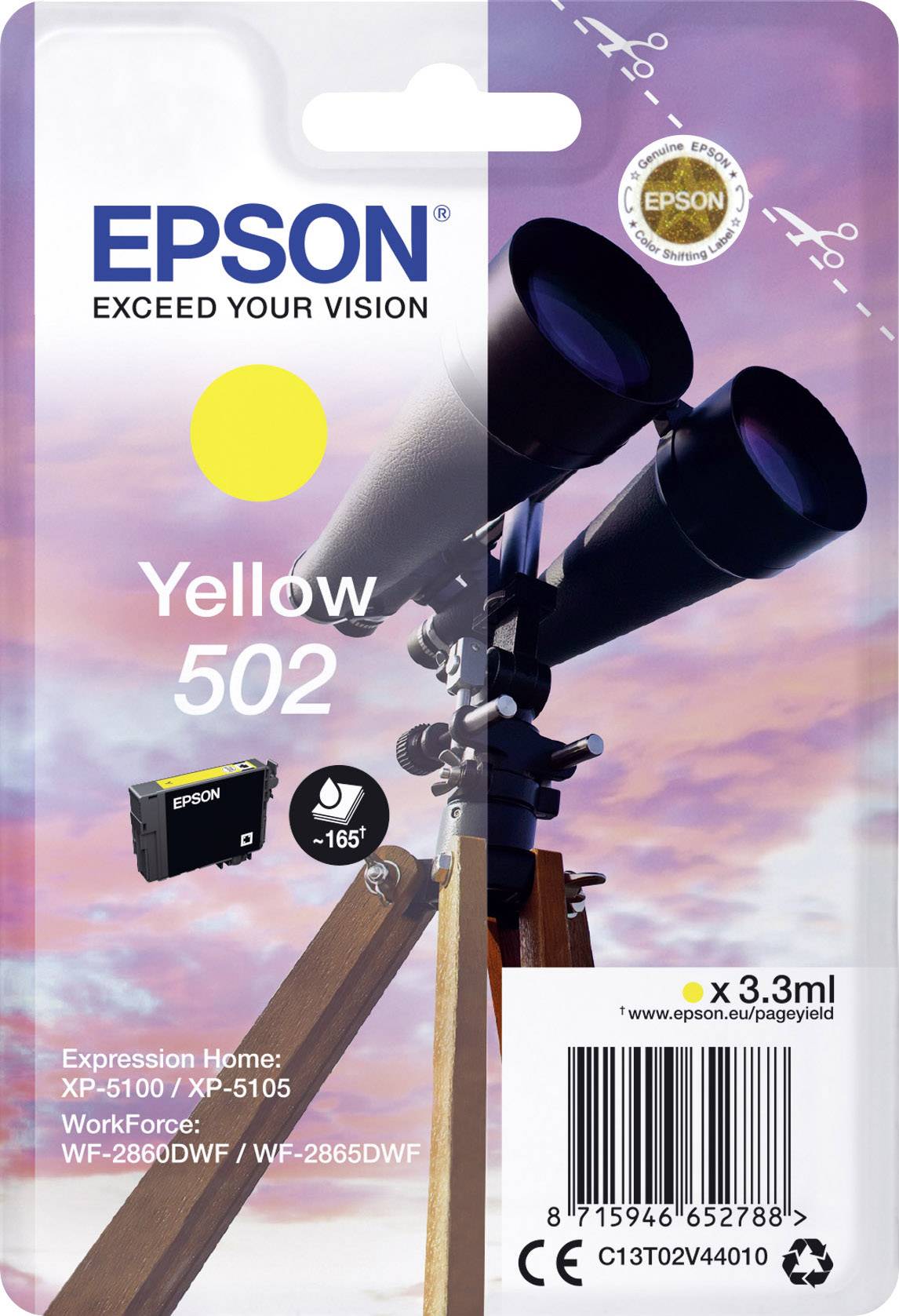 Cartuccia d'inchiostro Epson 502 giallo. Compatibile con i modelli XP-5100, XP-5105, WF-2860DWF, WF-2865DWF. Contiene 3,3 ml di inchiostro.