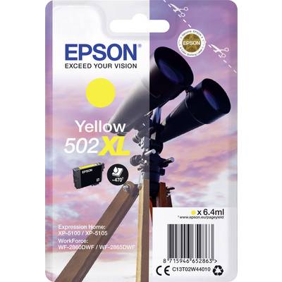 Un binocolo davanti a un cielo colorato. Etichettato con 'Epson Yellow 502XL'. Sono elencati modelli di stampanti e capacità delle cartucce.