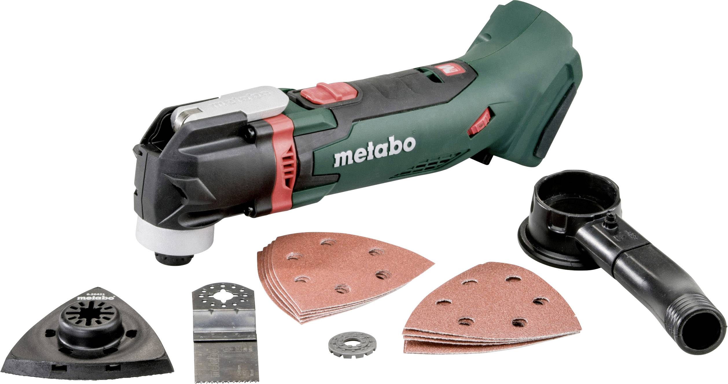 Multitool a batteria Metabo con fogli abrasivi, lama da taglio e disco di levigatura, adatto per lavori fai-da-te.