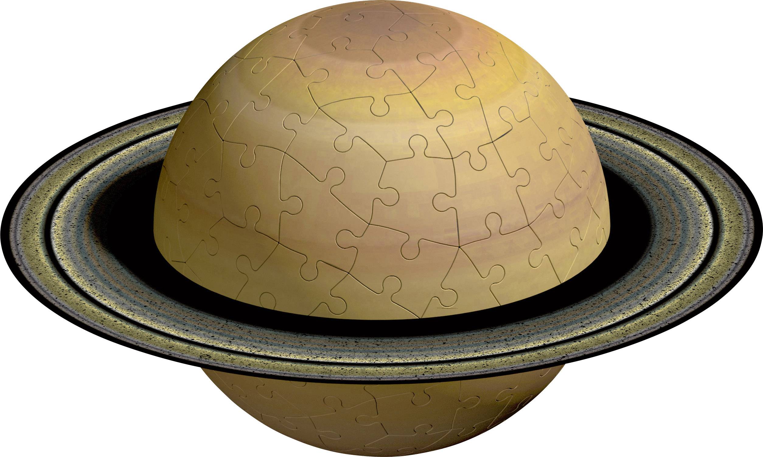 Un puzzle 3D a forma di Saturno con i suoi anelli progettati come pezzi del puzzle, che mostra una rappresentazione creativa del pianeta.