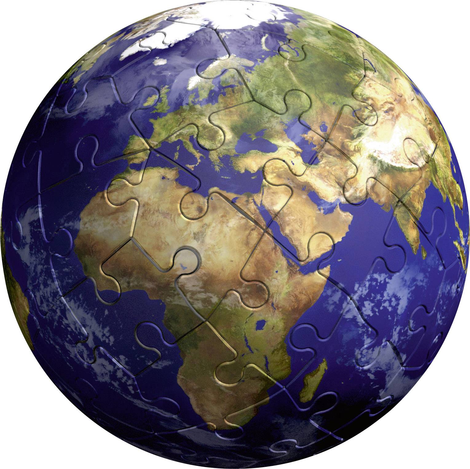 Un globo composto da pezzi di puzzle mostra i continenti della Terra. La Terra sembra un puzzle che deve essere assemblato.