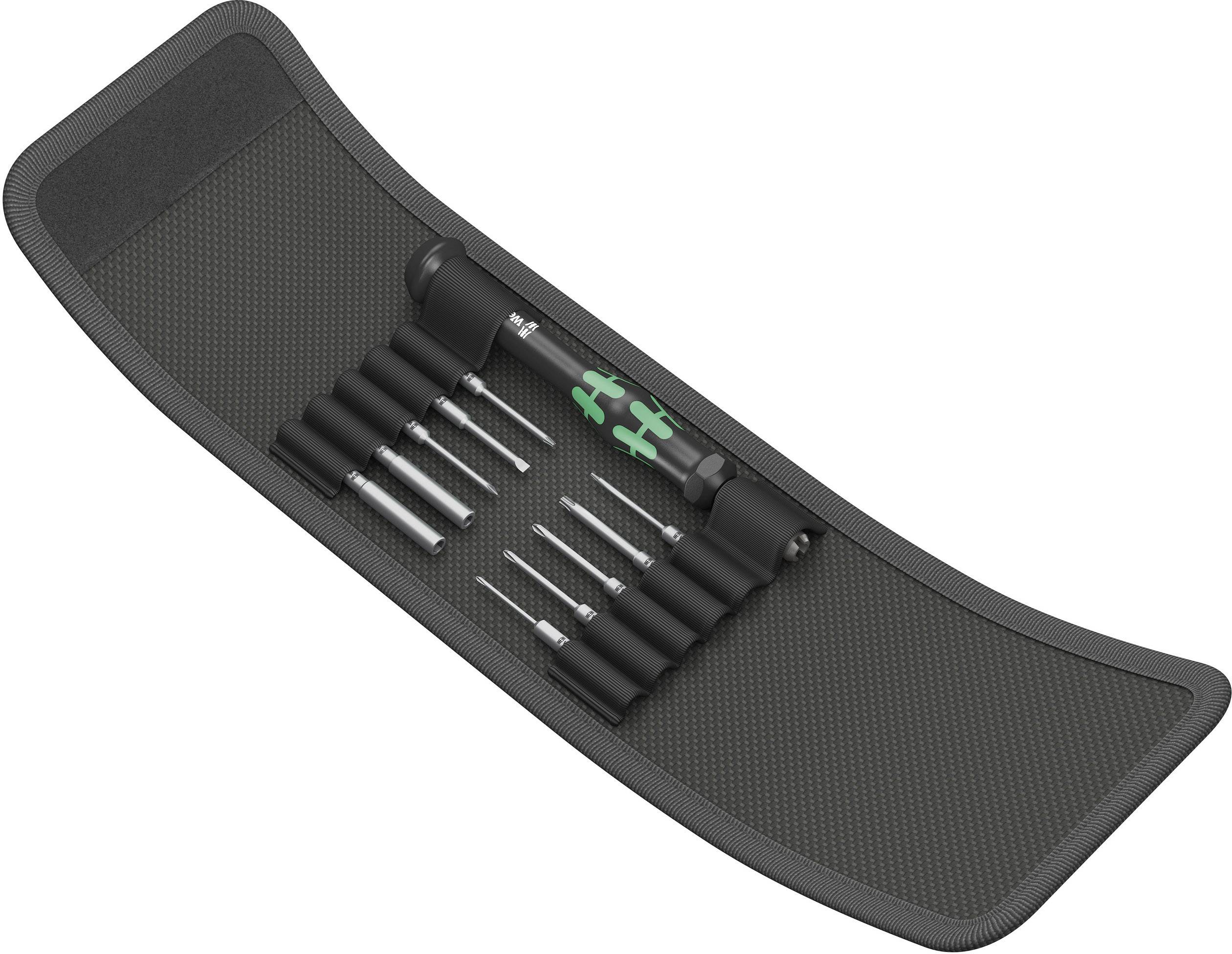 Un set di dieci cacciaviti in un astuccio nero. Sono incluse diverse dimensioni e forme, ordinati in una fila.