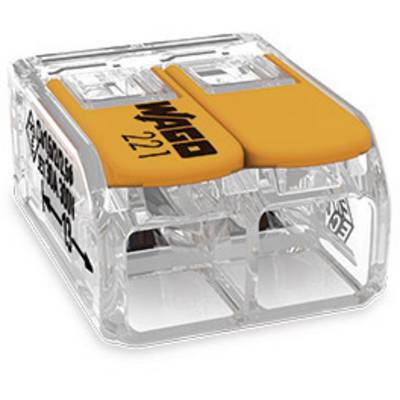 Custodia trasparente in plastica con due leve arancioni di un morsetto elettrico di connessione, marca 'WAGO 221'.