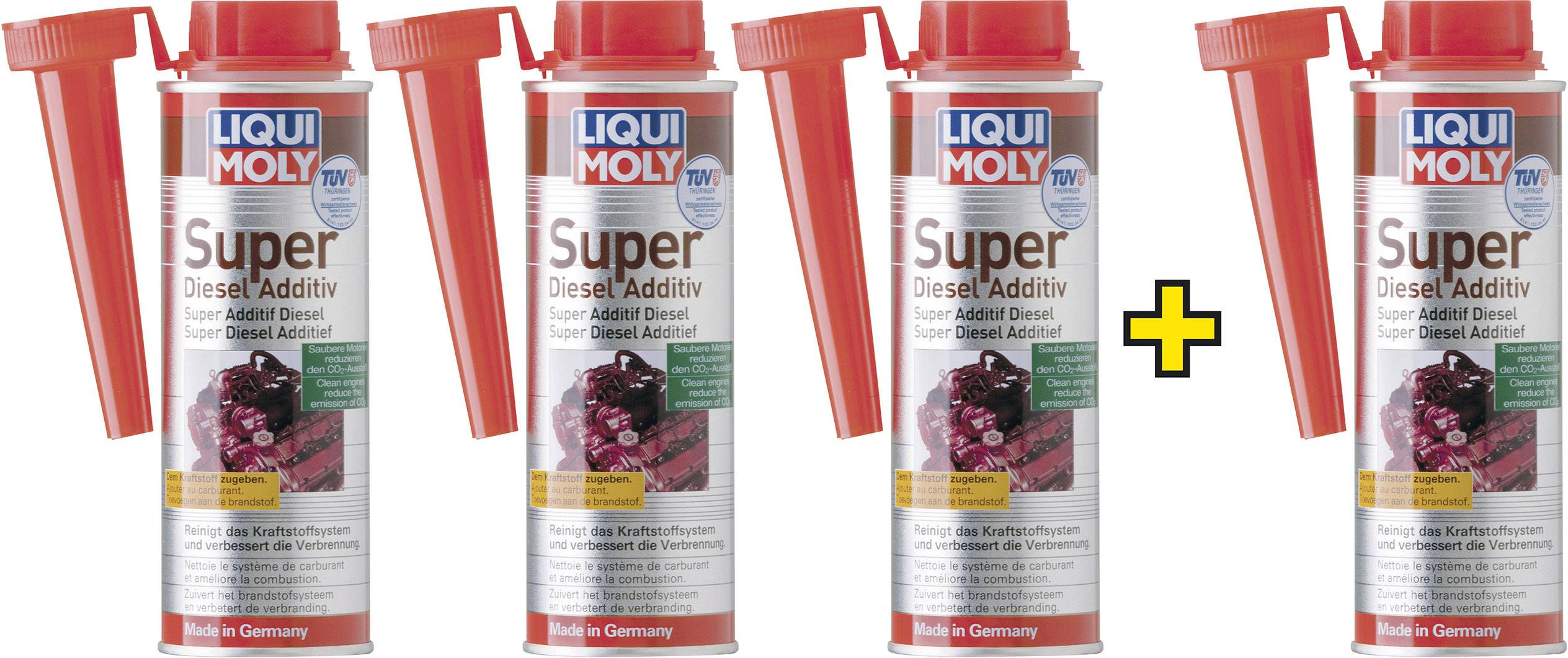 Quattro lattine di Liqui Moly Super Diesel Additiv con tappo rosso, affiancate, con un segno più tra la seconda e la terza lattina.