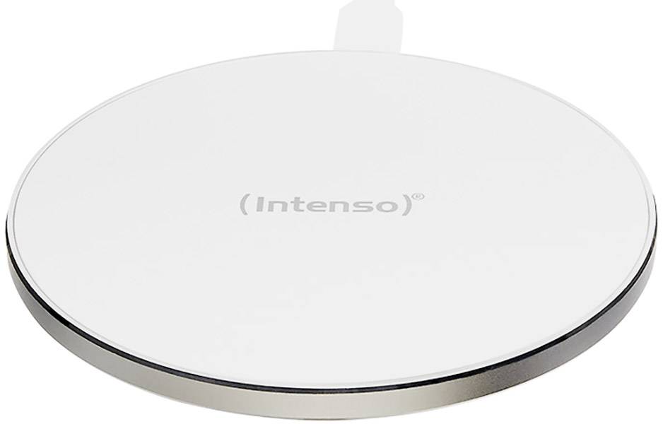 Stazione di ricarica wireless bianca, rotonda, con il logo 'Intenso' al centro. Adatta per la ricarica di dispositivi compatibili.