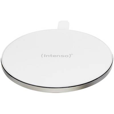 Stazione di ricarica wireless bianca, rotonda, con il logo 'Intenso' al centro. Adatta per la ricarica di dispositivi compatibili.