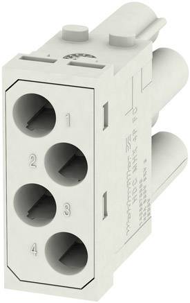 Morsettiera elettrica bianca con quattro fori numerati e connessioni laterali, idonea per giunzioni di fili.