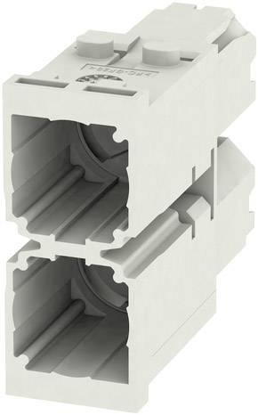 Due involucri per connettori quadrati in plastica grigia, impilati uno sull'altro, mostrano viste interne delle camere di connessione.