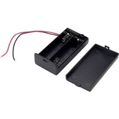 Supporto per batteria in plastica nera, privo di batteria, con coperchio removibile. Due fili, uno rosso e uno nero, fuoriescono dal supporto.