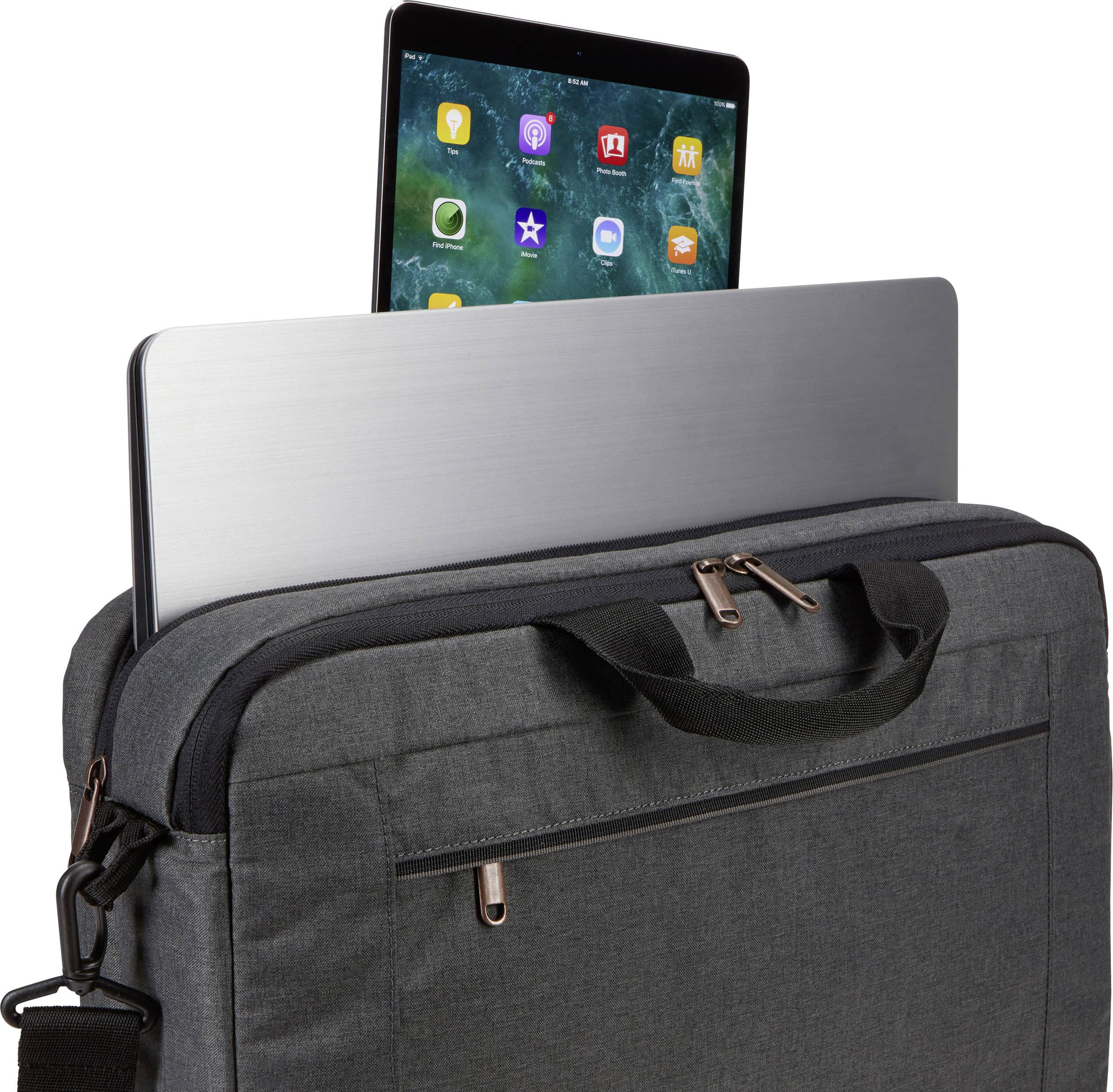 Borsa per laptop grigio-nero con cerniera, dalla quale sporge parzialmente un laptop aperto.
