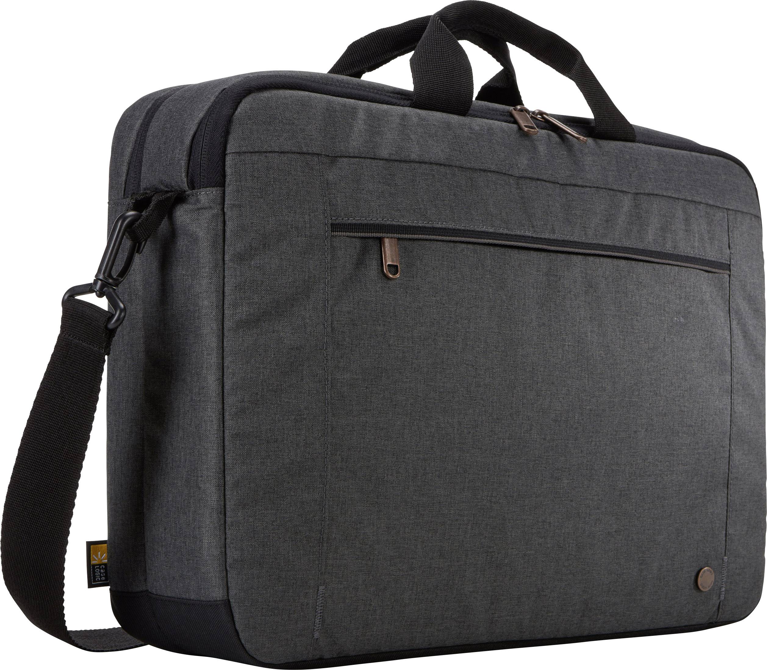 Una borsa nera per laptop con tracolla, scomparto con cerniera frontale e maniglia. È progettata in modo funzionale ed elegante.