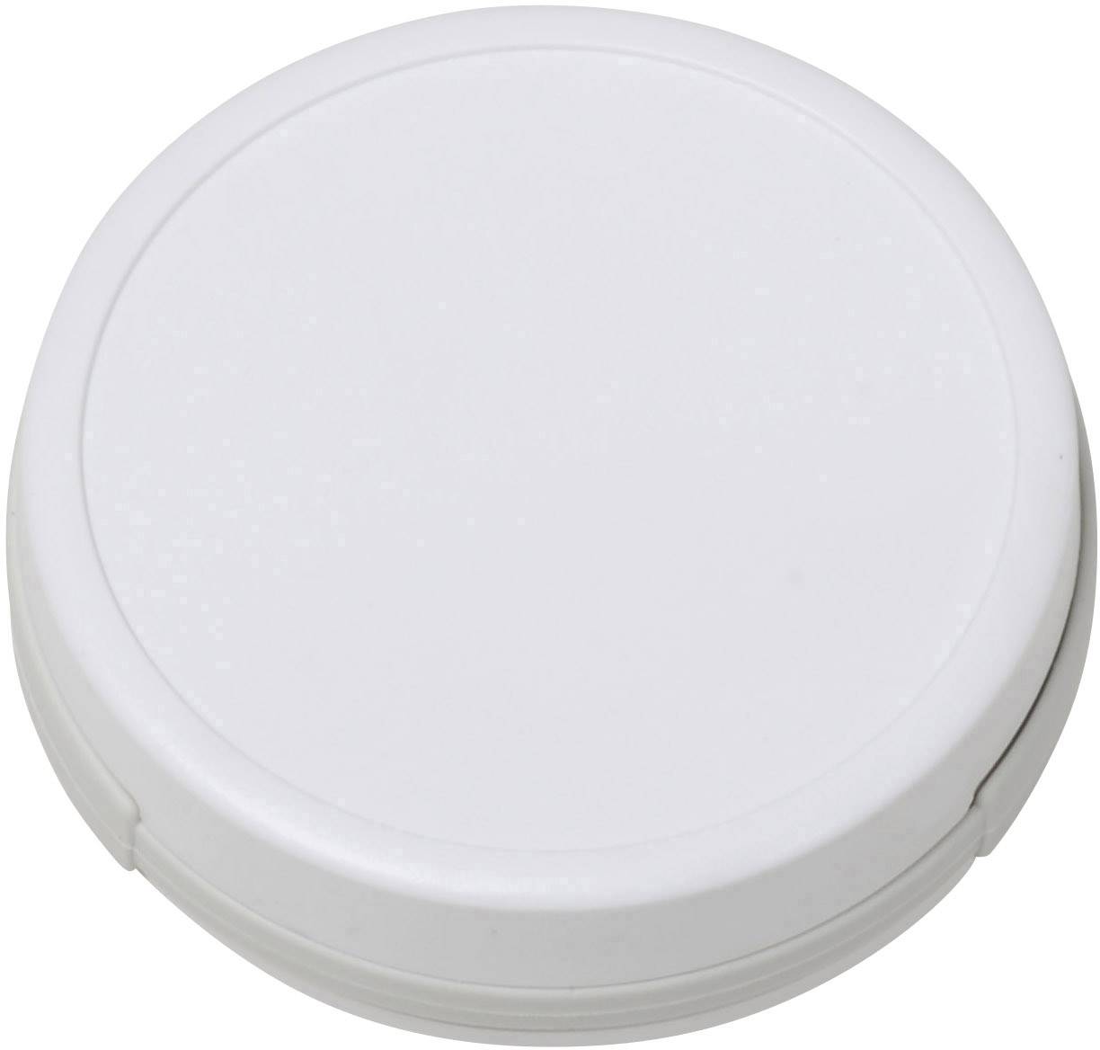 Coperchio di plastica bianco, rotondo, liscio, privo di marcature o loghi visibili.