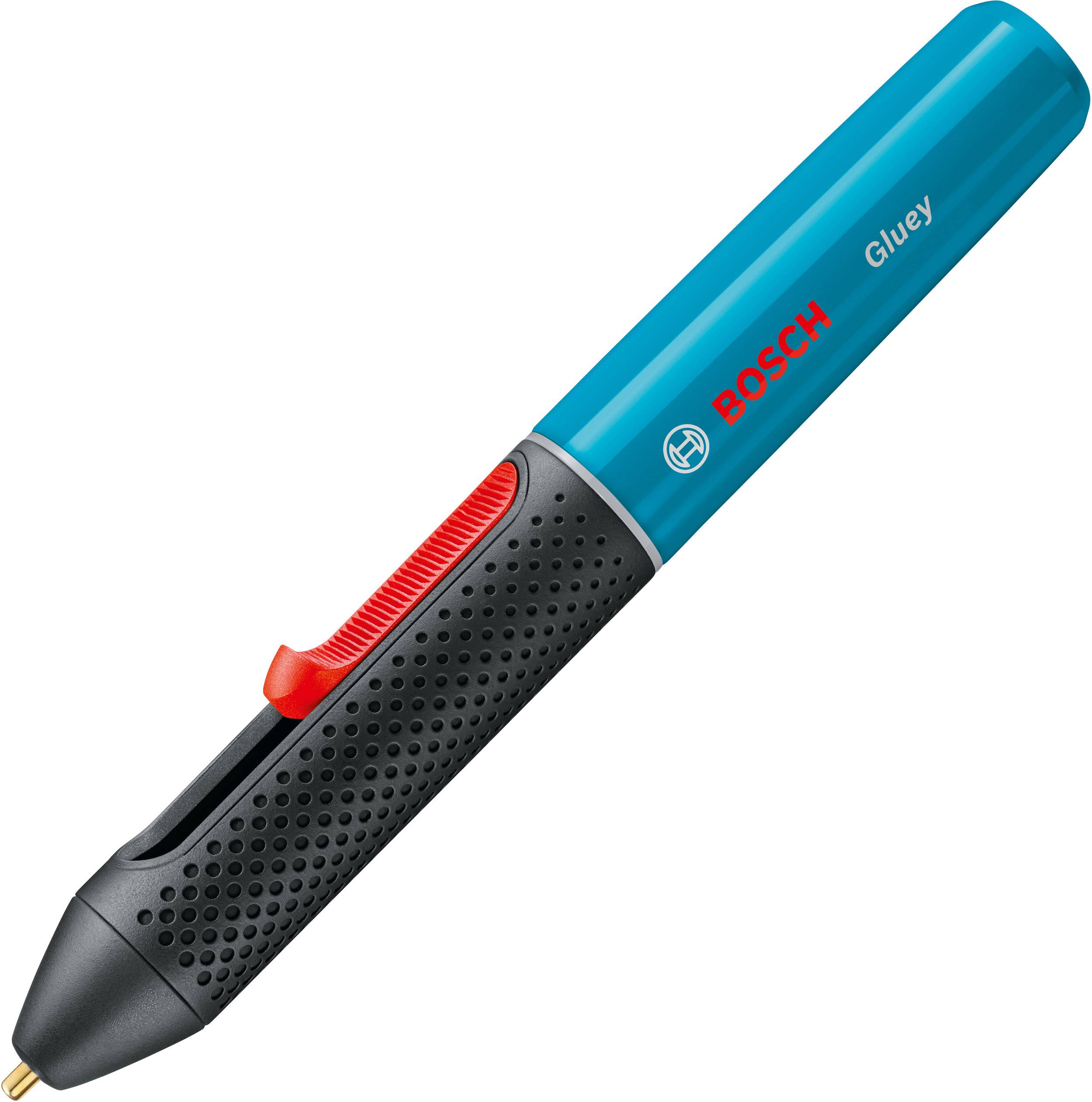 Penna blu con impugnatura nera, scritta 'BOSCH Gluey', dimensioni compatte.