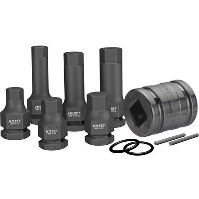 Set di sei chiavi a percussione Hazet in varie dimensioni e tipologie, accanto a due O-ring e due perni metallici.