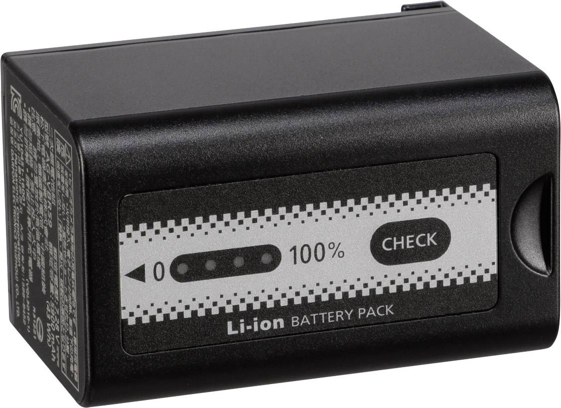 Batteria agli ioni di litio nera con indicatore di stato di carica e scritta 'Li-ion Battery Pack'. L'indicatore mostra la carica completa.
