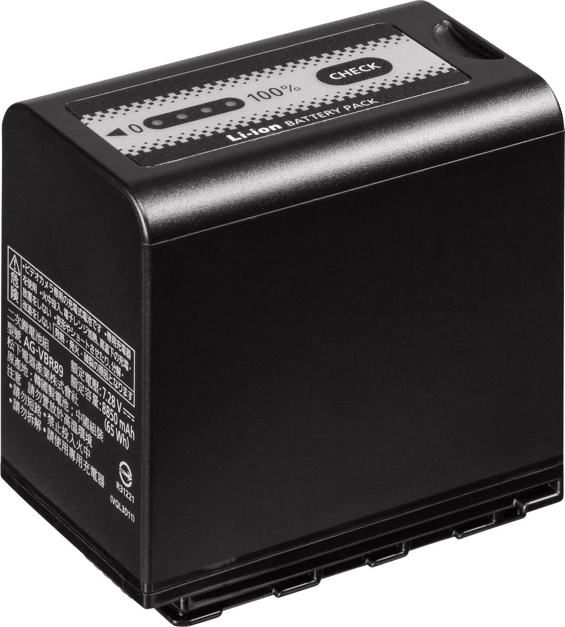 Una batteria agli ioni di litio rettangolare con un indicatore di carica sulla parte superiore mostra il 100%.