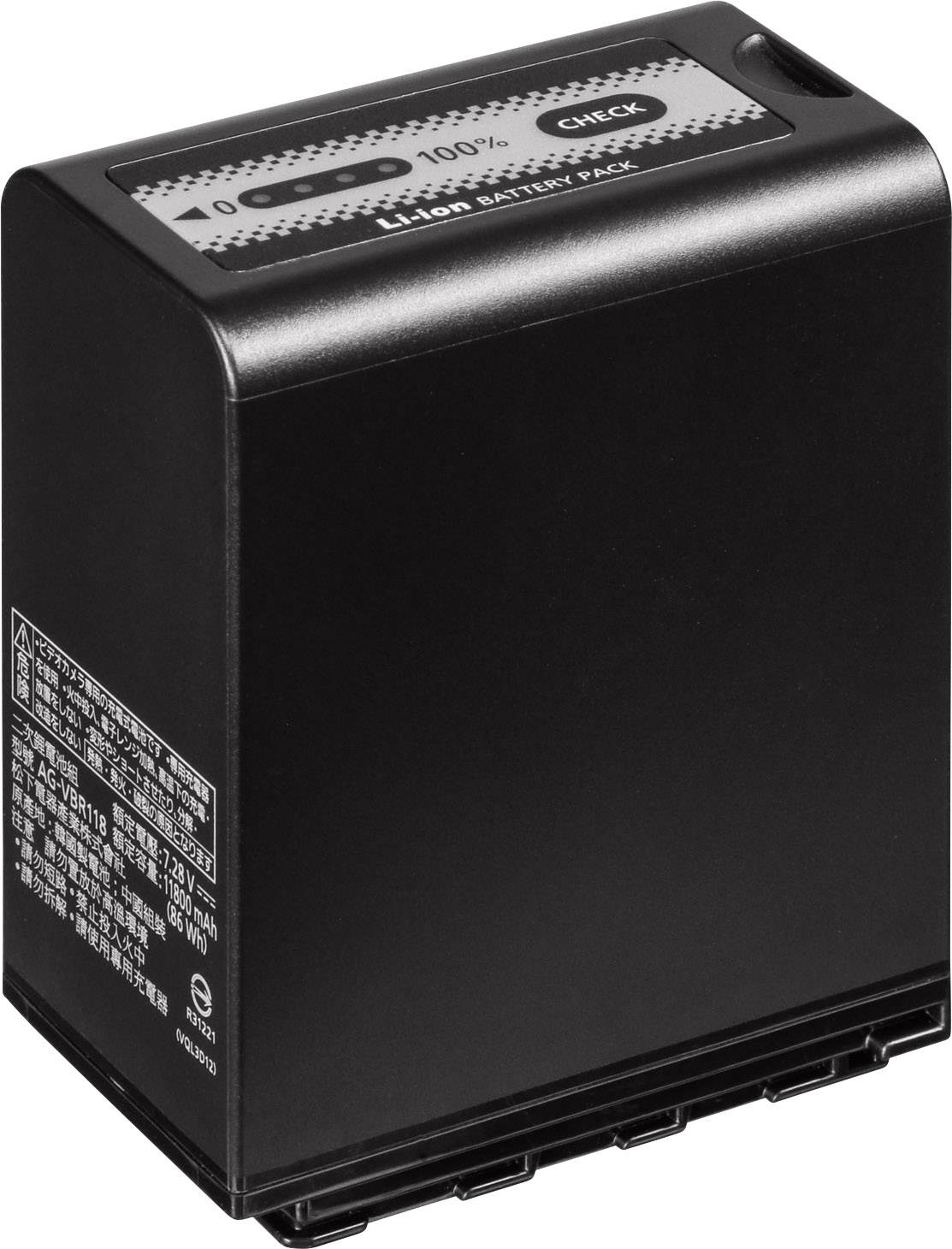 Una batteria al litio-ione nera con un display che mostra il suo stato di carica al 100% e reca la scritta 'CHECK'.