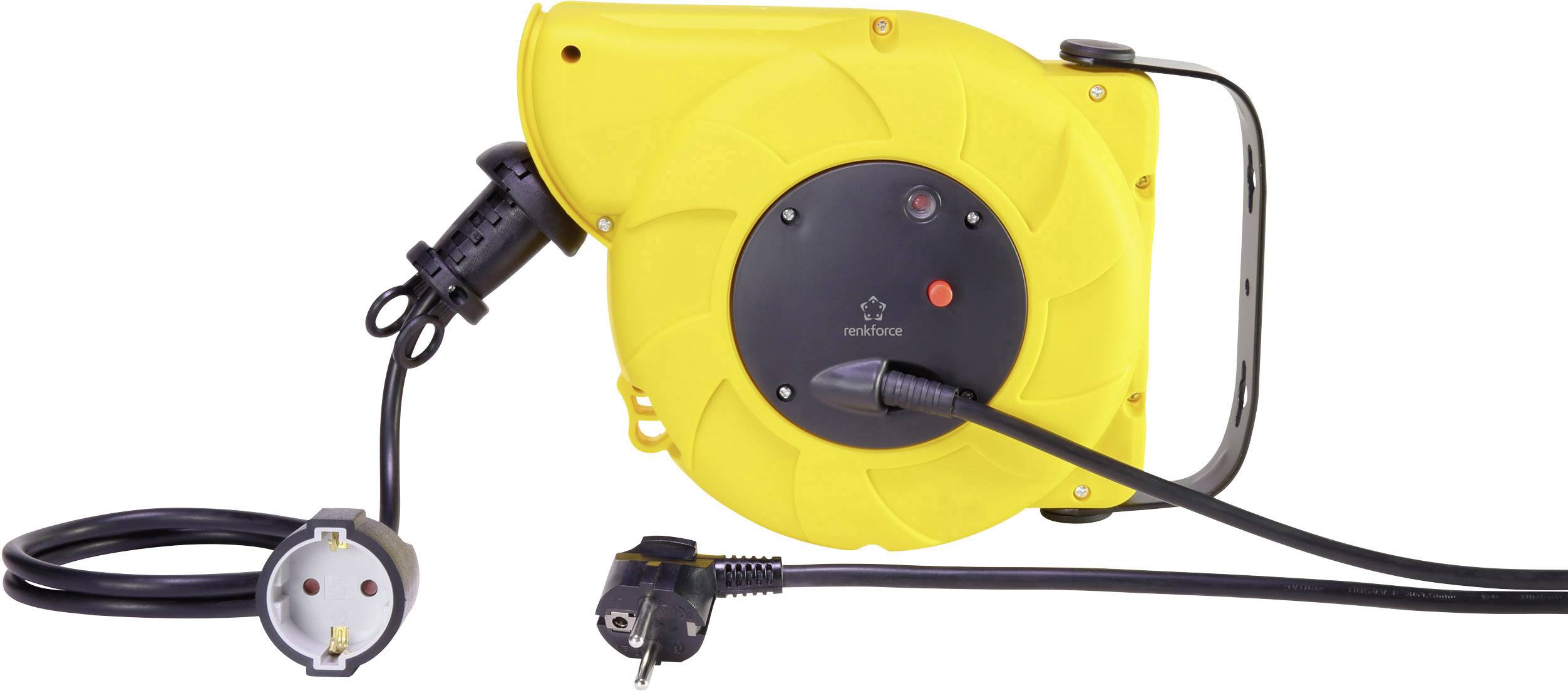 Bobina automatica per cavi gialla con cavo di rete nero e presa, adatta per una semplice gestione dei cavi in officine o garage.