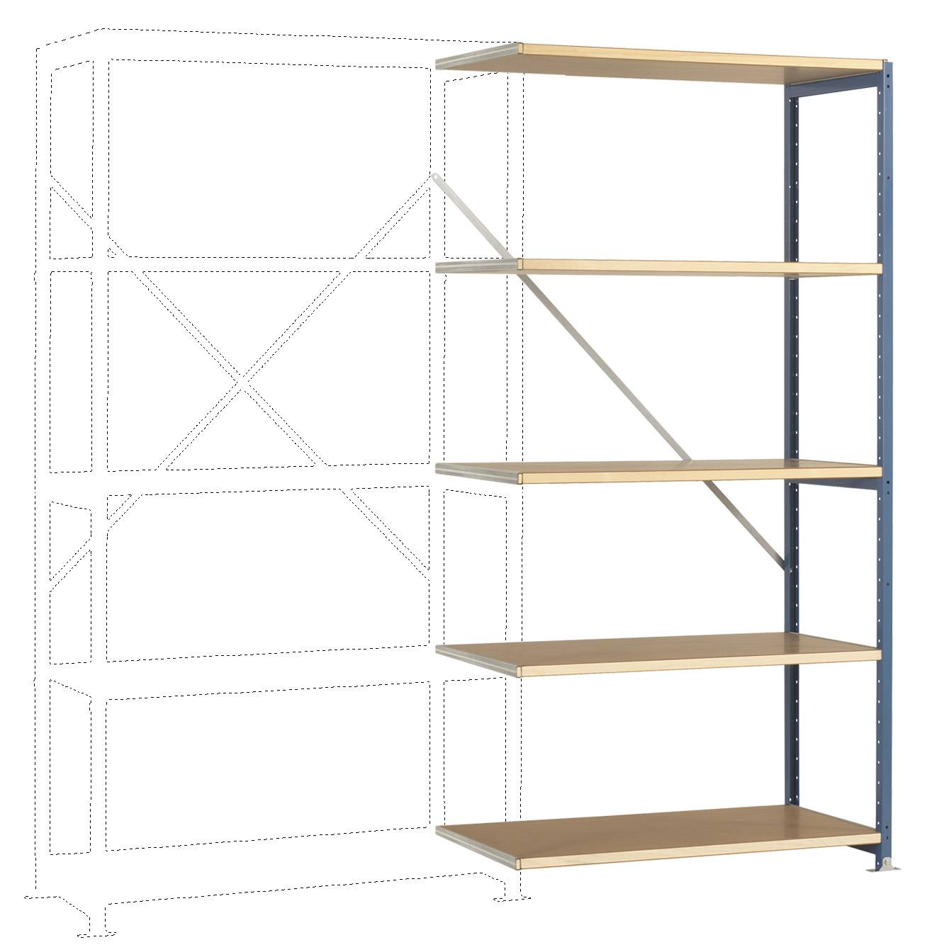 Una scaffalatura metallica con cinque ripiani in legno che mostra un sistema espandibile. Solo un lato e una base sono completamente assemblati.