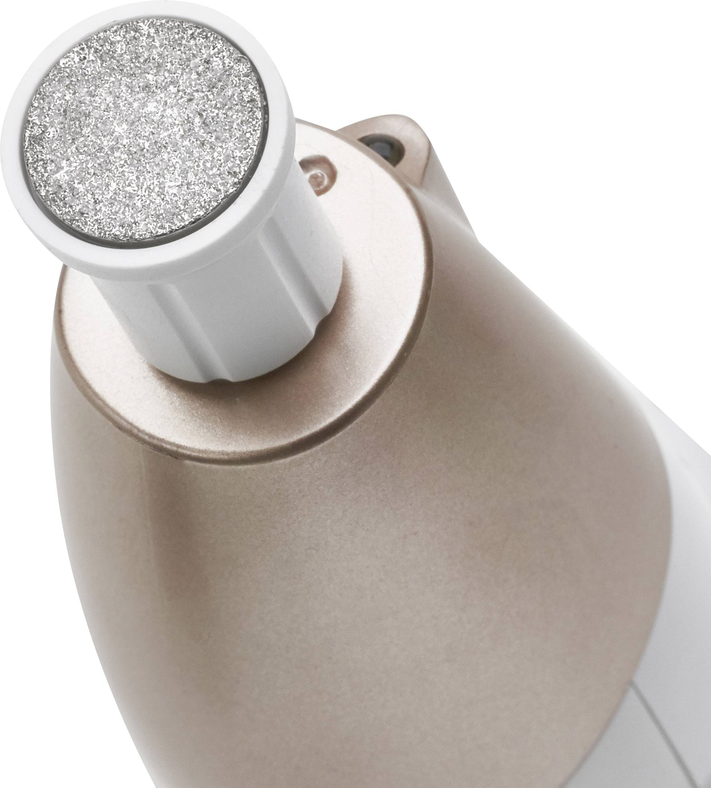Un dispositivo elettrico per la pedicure con una superficie ruvida e scintillante per la cura dei piedi. Il dispositivo ha un design elegante ed ergonomico.