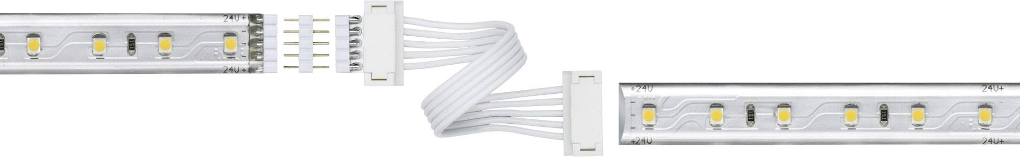 Due strisce luminose LED sono collegate da un adattatore flessibile bianco. Ogni striscia ha LED distribuiti uniformemente.