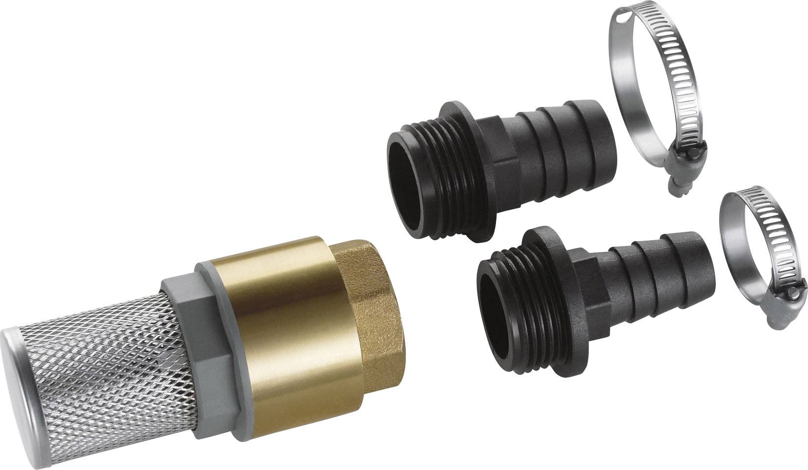 Kit di connessione per tubi composto da due connettori maschio neri, un adattatore filtro in ottone/griglia e due morsetti per tubi.